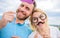 Couple posing with party props sky background. Photo booth props. Man with beard and woman having fun party. Add some