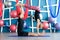 Couple practicing acro yoga in a studio. Acro yoga concept. Couple yoga class