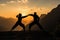 Couple practicing martial arts on the top of a mountain. Generative AI