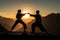 Couple practicing martial arts on the top of a mountain. Generative AI