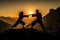 Couple practicing martial arts on the top of a mountain. Generative AI