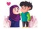 couple with purple hijab and green shirt looks like happy and romantic cartoon flat color isolated background vector