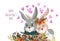 Couple of rabbits in love close-up with flowers and hearts isolated on a white. Cute hand-drawn vector valentines day