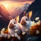 Couple of rabbits sitting among flowers in mountains. Easter bunnies in blooming meadow. Generative AI