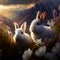 Couple of rabbits sitting among flowers in mountains. Easter bunnies in blooming meadow. Generative AI