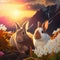 Couple of rabbits sitting among flowers in mountains. Easter bunnies in blooming meadow. Generative AI