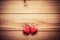A couple of red little hearts on wood. Vintage concept of love, Valentine\'s Day