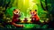 Couple of red pandas sitting on top of lush green forest. Generative AI