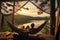 Couple relaxing in hammock on lake shore at sunset. Man and woman relaxing on hammock in forest. Couple in love on vacation,