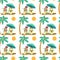 Couple relaxing by seaside, people under umbrella seamless pattern