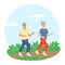 Couple of retirees, jogging along the road, in nature, playing sports, grandparents walk jogging. Vector characters