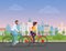 Couple riding bicycles in old architecture city public park. Cartoon illustration.
