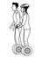 Couple riding electric scooters cartoon in black and white