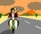 The couple are riding a motorbike together happily on the beautiful love road at sunset.	That has two sides of a meadow.