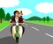 The couple are riding a motorbike, traveling happily on the beautiful love road. Both sides were grasslands. In the daytime.