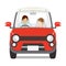 Couple riding the Red car ,Front view - Isolated