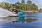 Couple Riding a Speedy Jet Ski And Enjoying at The Pripyat River in Belarus in July 27, 2019