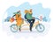 Couple riding on tandem bike at snowy landscape.