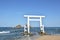 couple rock Meotoiwa for lover with white column on beach in Fukuoka Japan