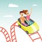 Couple on rollercoaster flat vector illustration on amusement park background.