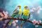 Couple of romantic blue budgies birds on a branch. Love or friendship concept