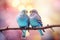 Couple of romantic blue budgies birds on a branch. Love or friendship concept