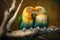 Couple of romantic budgies birds on a branch. Love concept. Generative AI