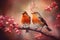 Couple of romantic budgies birds on a branch. Love concept. Generative AI