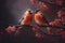 Couple of romantic budgies birds on a branch. Love concept. Generative AI