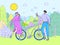 Couple romantic dating, line concept vector illustration. Happy man woman character walking in park with bicycle