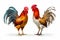 Couple of roosters standing next to each other on white background. Generative AI