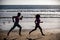 Couple running on beach. Sport and healthy lifestyle, silhouette friends jogging at sunset on the beach.