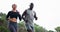 Couple, running and mountain for outdoor fitness or together for workout support or marathon, training or challenge