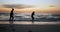 Couple are running into ocean, silhouette and sunset with fun, game and bonding with love on romantic date outdoor. Man