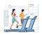 Couple running on treadmills, vector illustration. Fitness gym treadmill workout, healthy lifestyle, sport equipment.