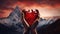 a couple's hands clasping a red heart against the backdrop of majestic mountain peaks, emphasizing the strength and