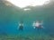 Couple scuba diving under crystal clear water with tank, fins and visor happy swim and share their love doing exercise and living