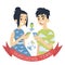 Couple searching for a route to museum or shop with vases. Vector illustration of asian boy and girl looking at each