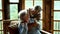 Couple of senior mature people enjoy time at home together hugging and loving. Portrait of elderly old man and woman in love.