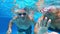 Couple of seniors enjoying summer and having fun together in the pool swimming and smiling looking at the camera - cheerful happy