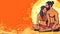 couple in a serene embrace, evoking themes of love and intimacy. The vibrant orange backdrop suggests warmth and passion