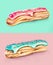 A couple set of traditional French desserts: cute yummy sweet hand-drawn eclair cakes on pink and mint. Good for cafe or
