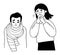 Couple of sick people with cold. Frozen sad guy wrapped in scarf. Girl sneezing into handkerchief. Vector outline