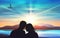 Couple silhouette, freedom, birds flying, lovers at sunset, sunrise romantic atmosphere nature background