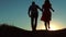 Couple silhouette running toward the sun outdoors at sunset dramatic sky background. young happy couple jumping on