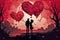 Couple Silhouetted on Valentine\\\'s Day, With Floating Red Hearts all Around Them