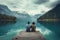 couple sit on jetty at peaceful lake