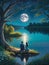 Couple sits on the riverbank under the moon
