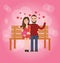 Couple sitting at bench fall in love pink background romantic moment man woman