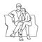 Couple sitting on a bench. Vector monochrome illustration of young man hugging woman, looking far away in minimalistic